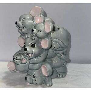 Vintage Ceramic Happy Mice Piggy Bank - Smiling Stacked Mice - 7.75"- With Cover